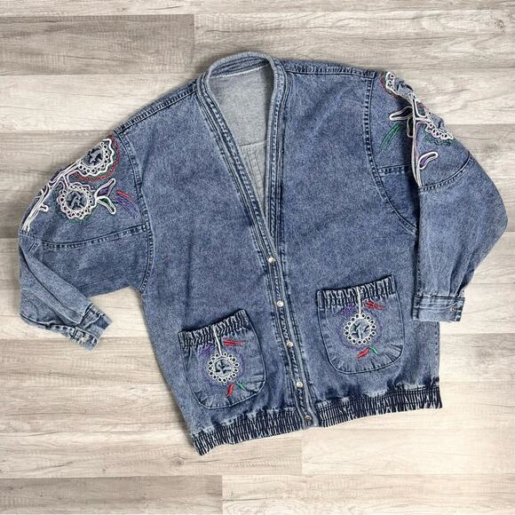 Vintage Embroidered Acid Denim Bomber Jacket Snap Front Large - Picture 2 of 8